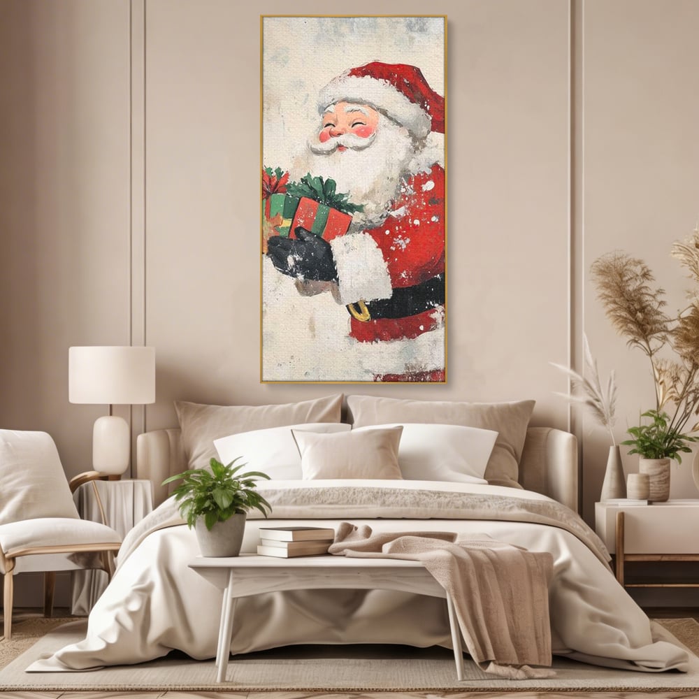 Tablou canvas cu ilustratie vintage cu mos craciun, in rama de aluminiu auriu, pe perete intr-un dormitor